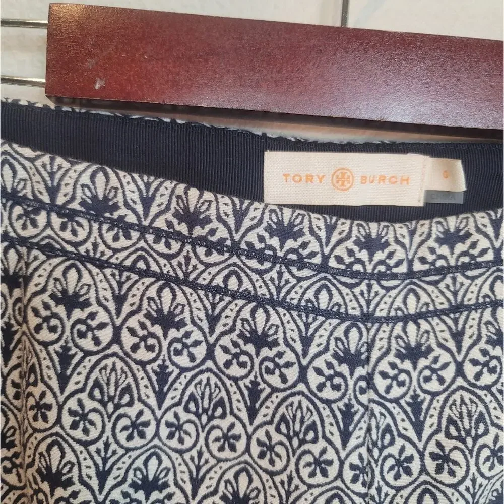 TORY BURCH Heidi Blue White Jacquard Stretch Pant Coastal Office Preppy Classic